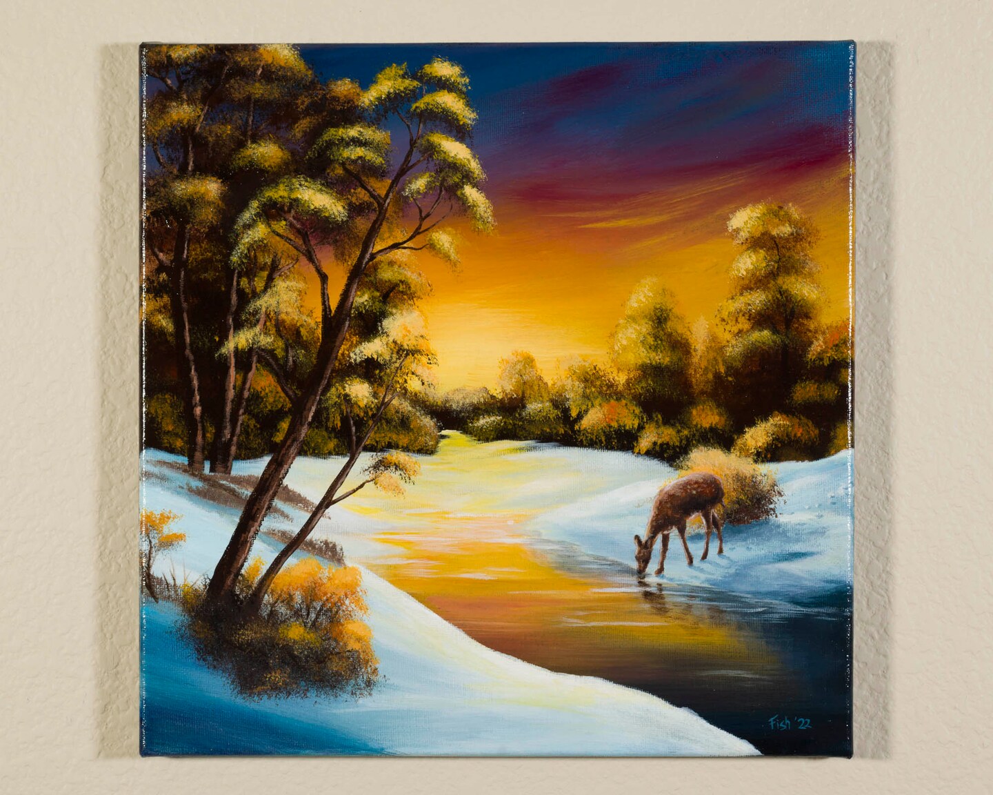 ORIGINAL Deer Drinking from River Acrylic Painting,Sunset Landscape Canvas Wall Art, Bedroom Decor, Original Painting, 12x12 Deer Canvas Art