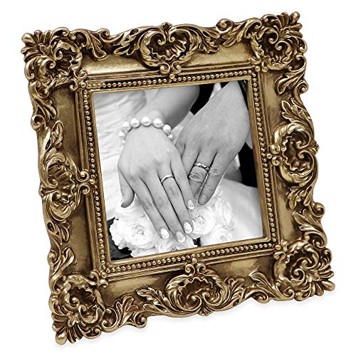 4x4 Gold Ornate Textured Hand-Crafted Resin Picture Frame with Easel & Hook for Tabletop & Wall Display, Decorative Floral Design Home Decor, Photo Gallery, Art, More (4x4, Gold)