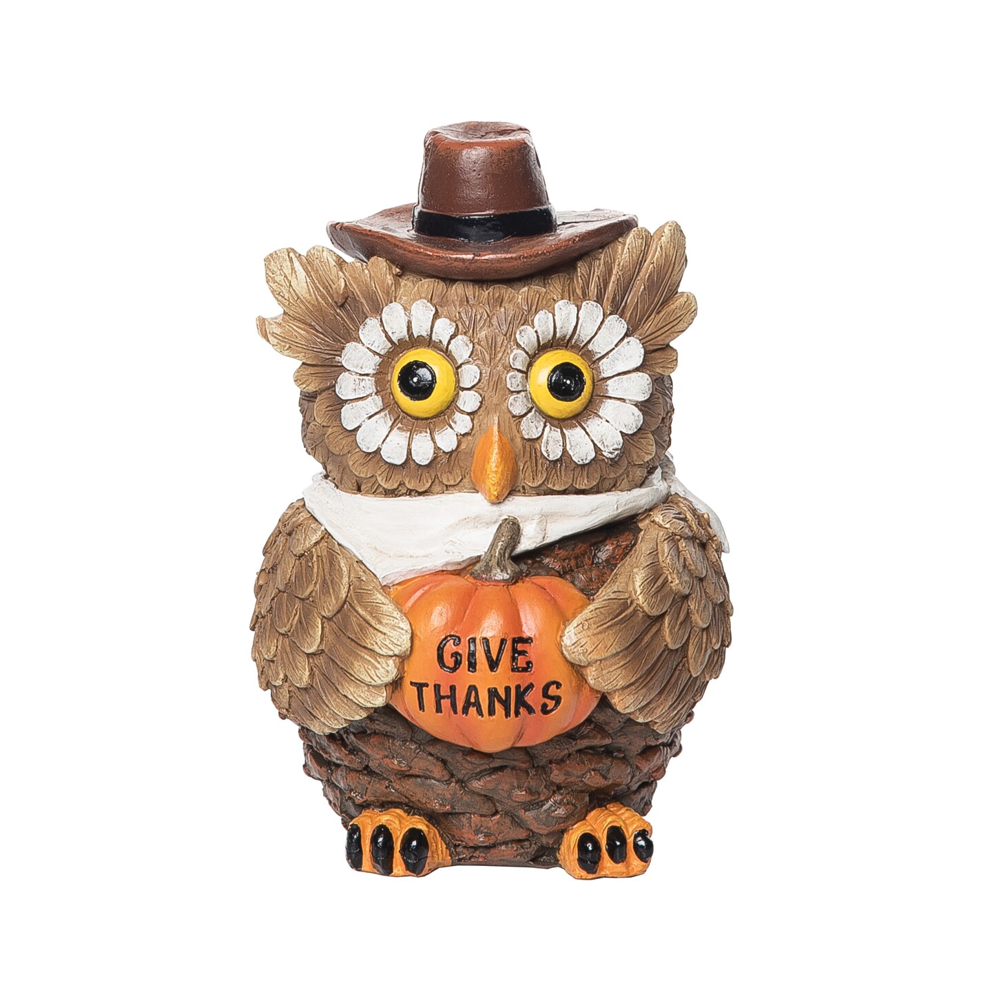 &#x22;Give Thanks&#x22; Owl Bird with Sunflower Eyes Pumpkin Small Thanksgiving Figure Figurine