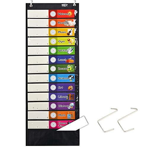 Daily Schedule Pocket Chart, Black Class Schedule with 26 Cards, 13+1 Pockets. 13 Colored + 13 Blank Double-Sided Reusable Cards, Easy Over-Door Mountings Included. (13” x 36”)