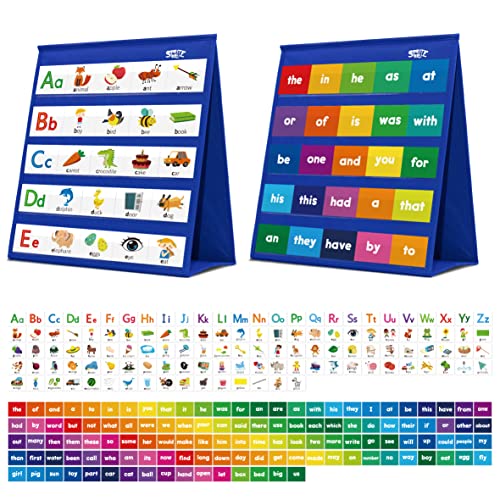 Desktop Pocket Chart, 120 Dry-Erase Double Sided Cards Includes 26 Letters with Images and 120 First Words, Self-Standing Tabletop Pocket Chart for Kids Teacher Classroom Home Use (13 X 12inch)