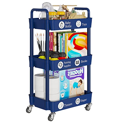 Laiensia 3-Tier Storage Cart,Multifunction Kitchen Storage Organizer,Mobile  Shelving Unit Utility Rolling Cart with Lockable Wheels for