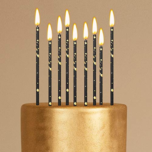 24 Pieces Birthday Candles Long Thin Cake Candle Cupcake Candles for Birthday Wedding Anniversary Graduation Retirement Party Decoration (Black Gold)