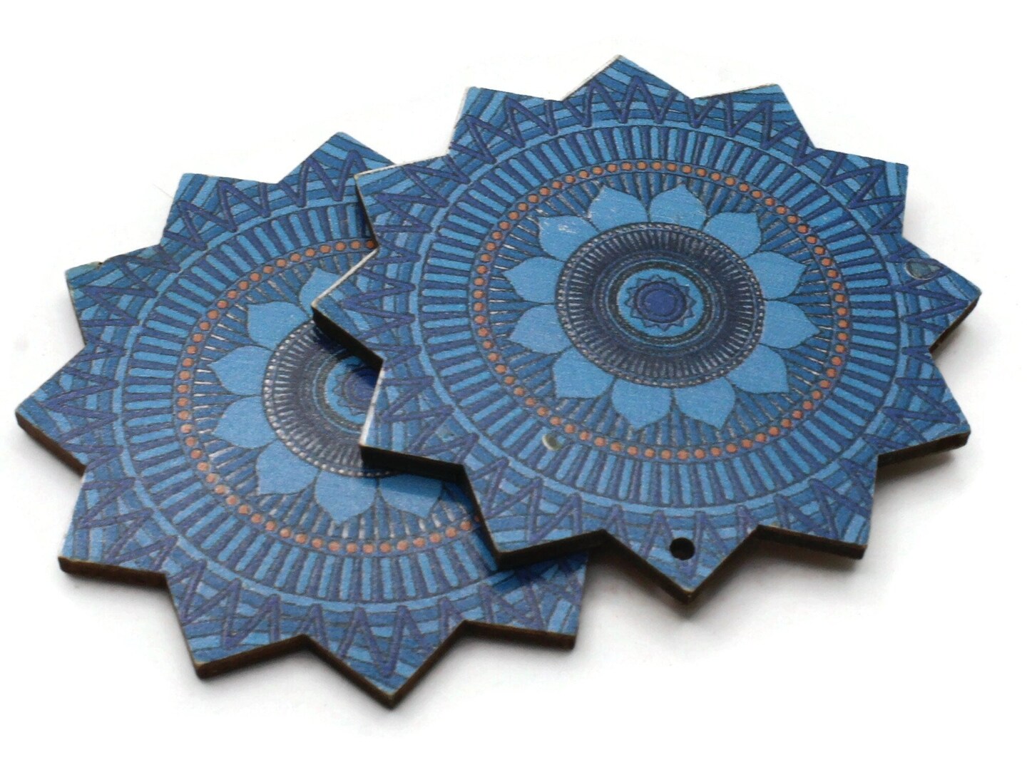 2 61mm Blue Printed Wood Flat Flower Pendants