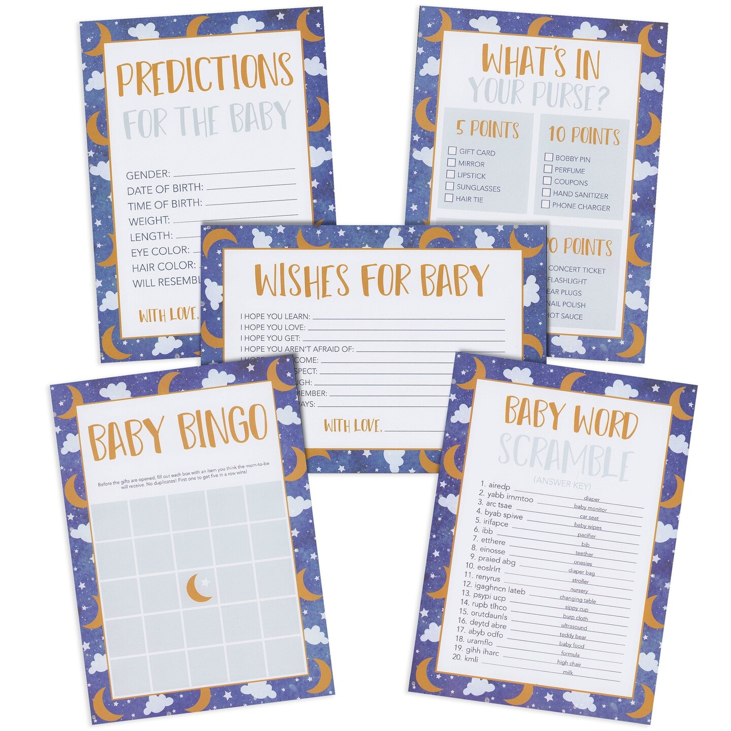 Set of 5 Over the Moon Baby Shower Games for 50 Guests, Twinkle Twinkle Little Star Bingo (251 Total Pieces)