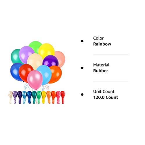 120 Assorted Color 12 Inch Rainbow Latex Balloons - 12 Bright Colors for Birthday, Baby Shower, Wedding Party Supplies, Arch, and Garland Decoration