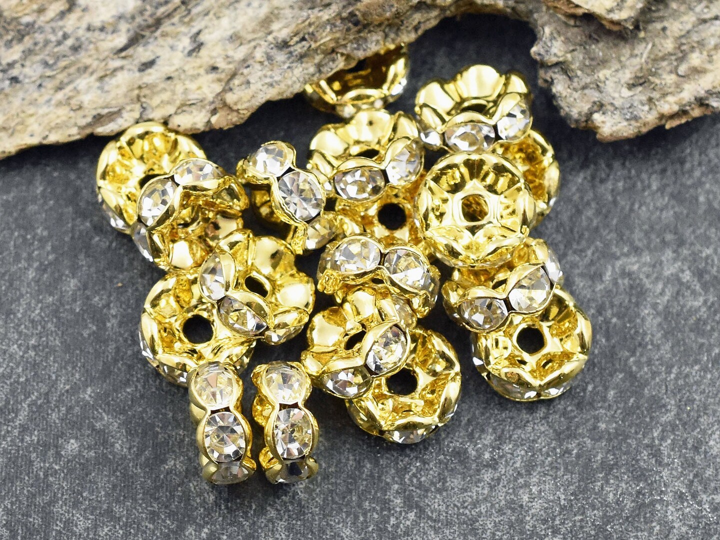 Gold w/ Crystal Rhinestone Wavy Edge Rondelle Spacer Beads