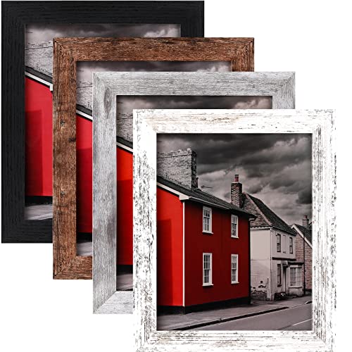 8x10 Picture Frame, 4 Pack Woodgrain Wider Frames, Display Pictures 5x7 with Mat or 8x10 Without Mat, Picture Frames Collage Wall Decor or Table Top Display, Multicolour