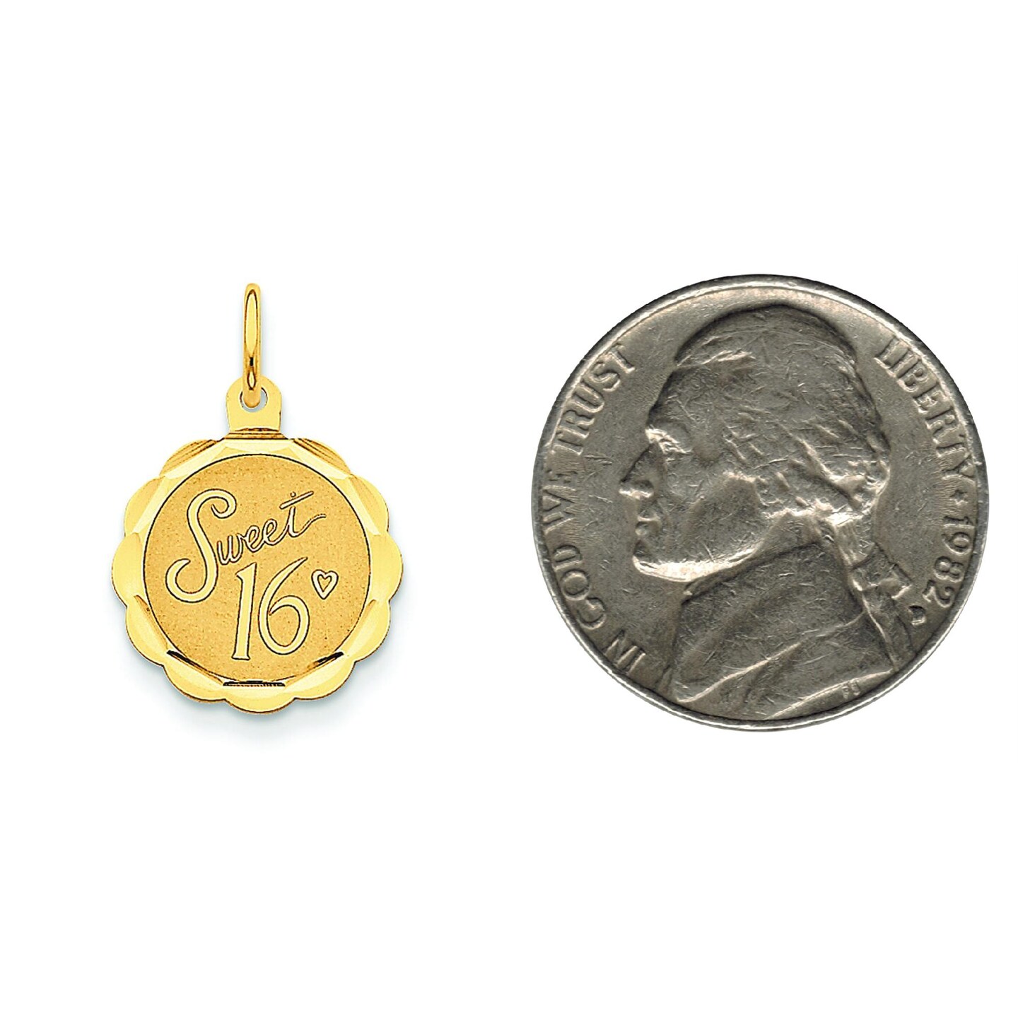 14K Yellow Gold Sweet Sixteen Disc Charm Pendant Jewerly 23mm x 15mm