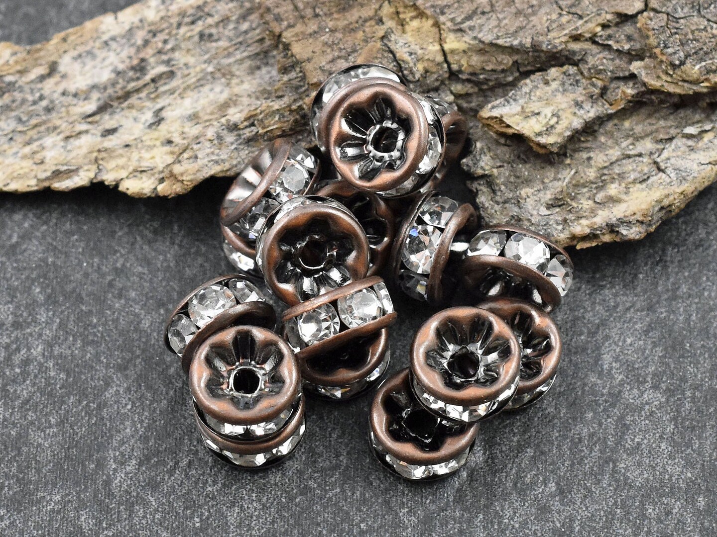 Antique Copper w Crystal Rhinestone Rondelle Spacer Beads
