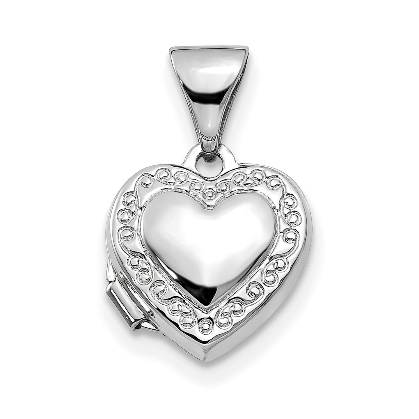 14K White Gold Scrolled Heart Locket Pendant Jewelry 15.8mm x 10.3mm