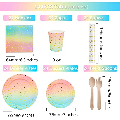 168PCS Pink and Gold-Pastel Party Supplies, Severs 24 Disposable Party Dinnerware Include Paper Party Plates, Cups, Napkins, Straw, Wooden Fork Spoon for Wedding, Rainbow Party, Birthday Baby Shower