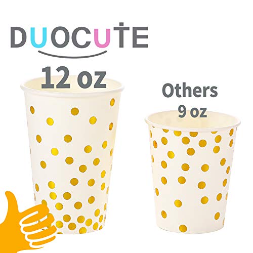 150 Pcs White and Gold Party Supplies Golden Dot Disposable Party Dinnerware Includes Paper Plates, Napkins, Knives, Forks, 12oz Cups, Banner, for Bridal Shower, Engagement, Wedding, Serves 25