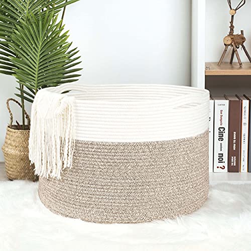 MINTWOOD Design Extra Large 22 x14 Inches Decorative Woven Cotton Rope Basket, Laundry Basket, Blanket Basket, Dog Toy Storage Baskets Bin, Laundry Hamper, Towel Basket, Light Brown