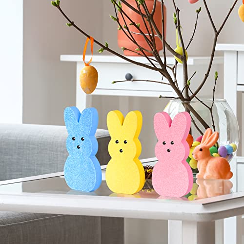 Easter Decor, 3 Pcs Glittery Easter Wooden Signs for Tiered Tray/Mantel/Table Decorations, Style of Peeps with 3D Eyes