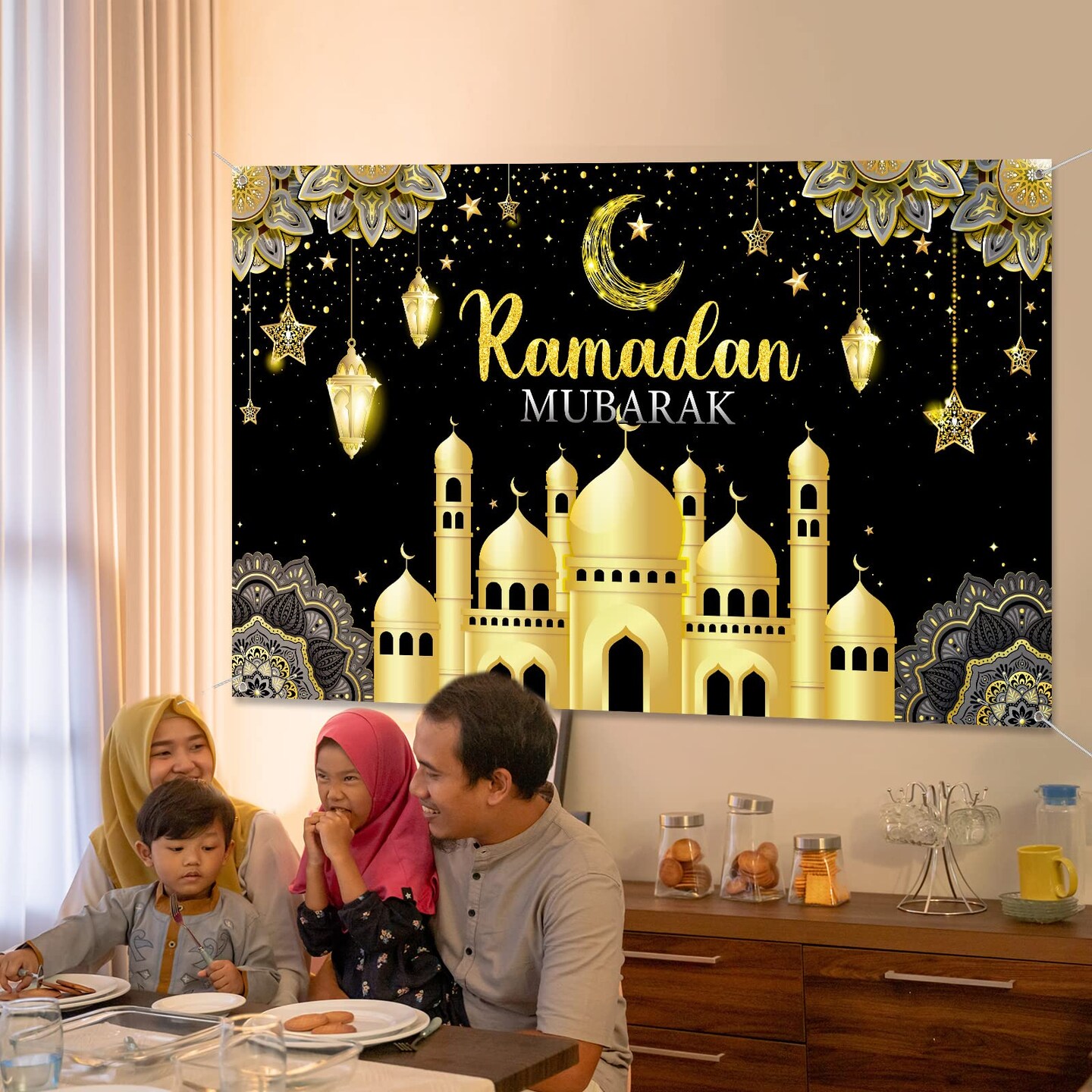 Ramadan Mubarak Decorations Backdrop Banner Muslim Kareem Background Eid Sign Photo Booth for Home Al Fitr Party Supplies (Black)