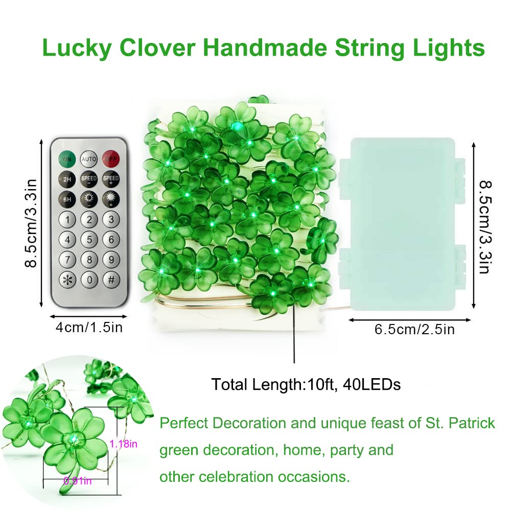 St Patricks Day Decorations Shamrocks String Lights Battery Operated with Remote 10 ft 40 LEDs Lucky Clover Green Lights for Bedroom Party Feast of Saint St. Patrick&#x27;s Day Decoration