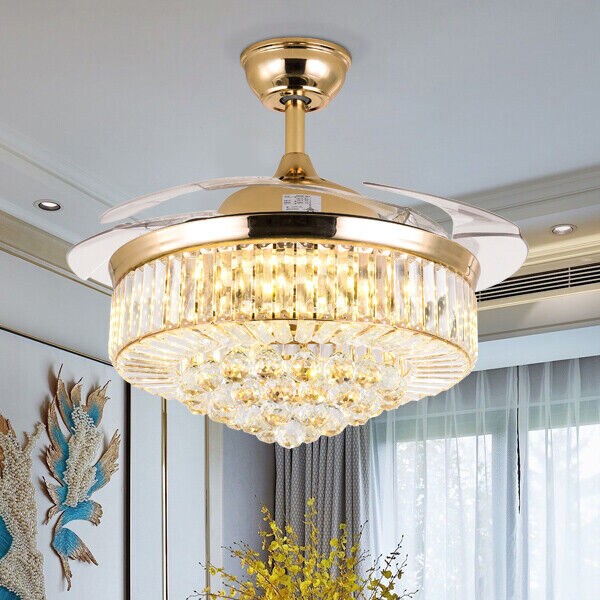 Kitcheniva 42&#x22; Luxury Crystal Gold Ceiling Fan Chandelier With Remote