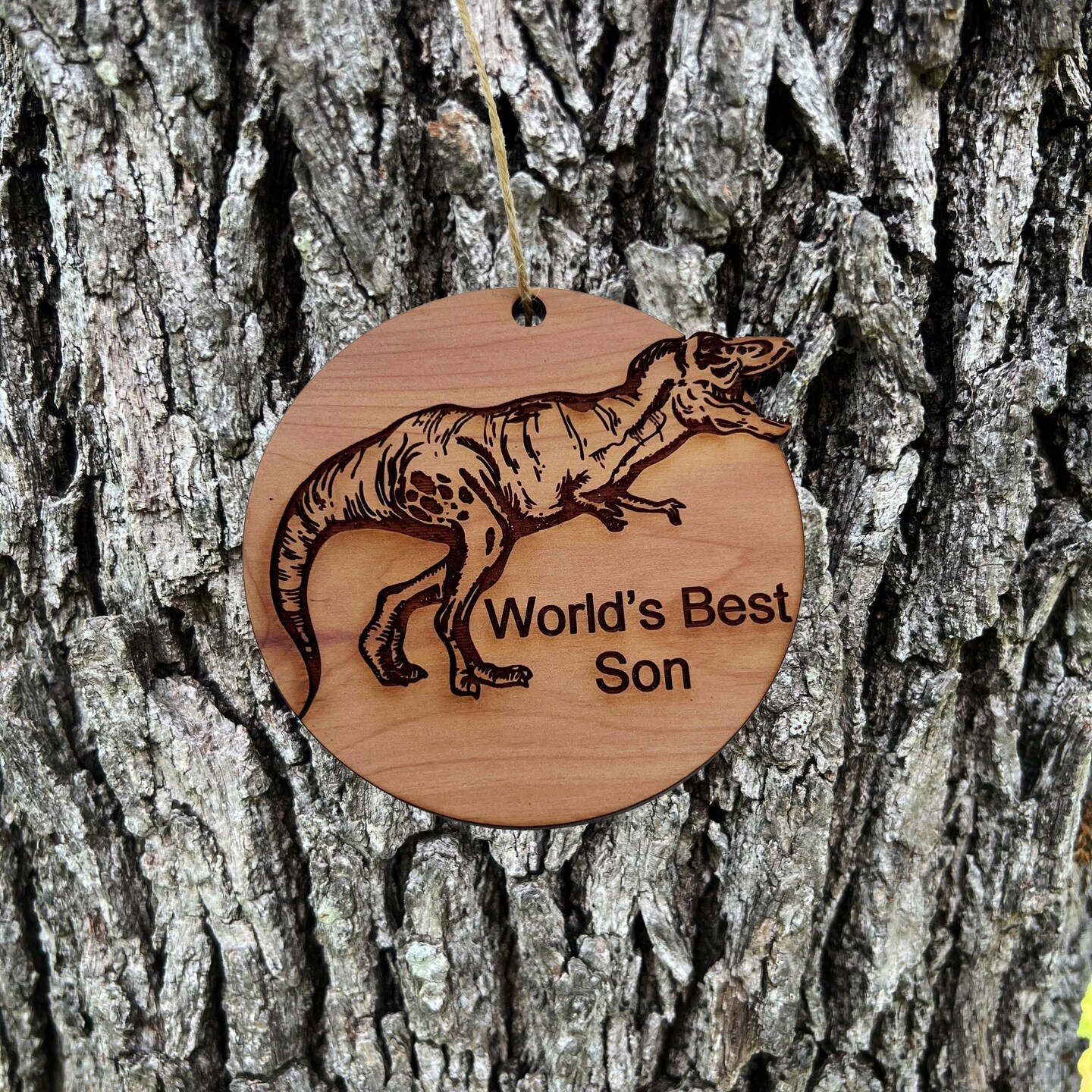 TRex Dinosaur Worlds Best Son - Cedar Ornament TRex Dinosaur Worlds Best Son - Cedar Ornament