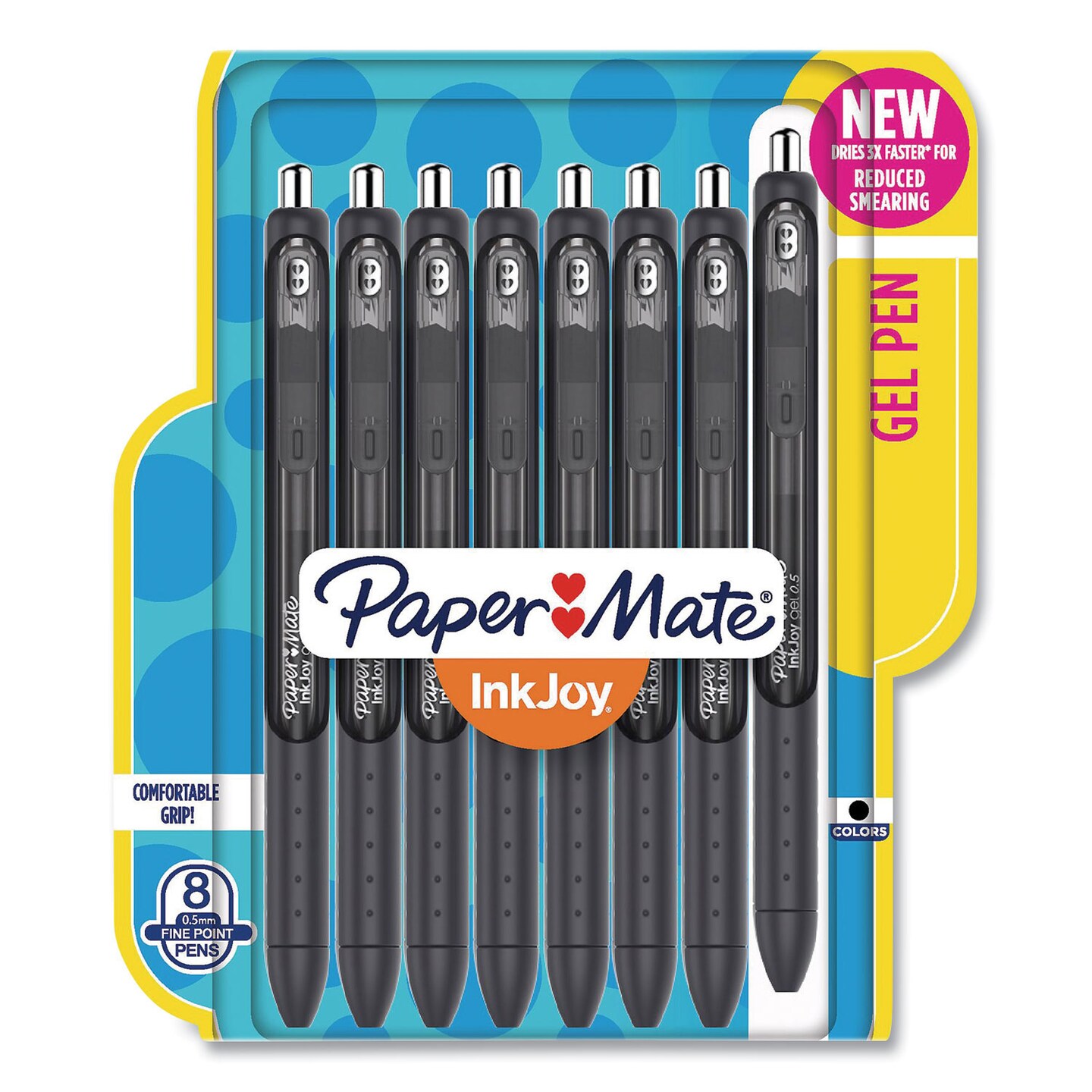 Papermate InkJoy Gel Pen, Retractable, Fine 0.5 mm, Black Ink, Black Barrel, 8/Pack
