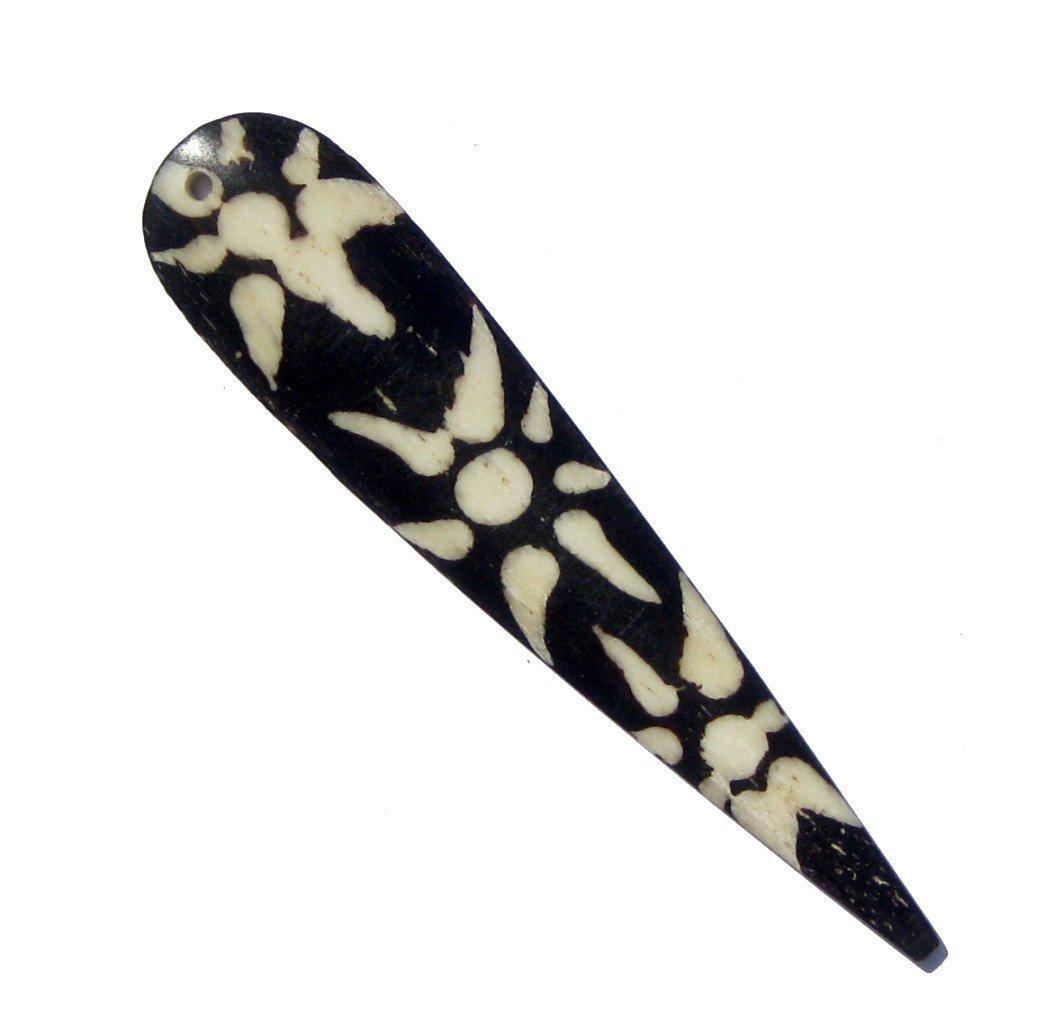 TheBeadChest Sunflower Design Batik Bone Feather Pendant 22mm Kenya African Black and White Handmade