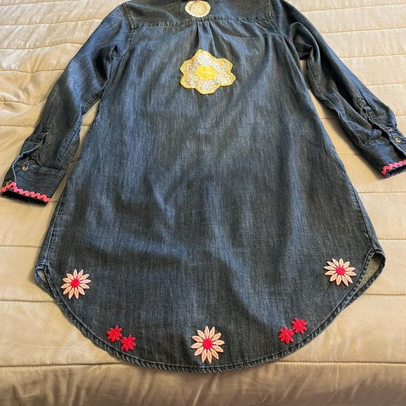 product name is Vintage Reworked Embellished Boho Hippie Navy Denim Shirtdress size Small