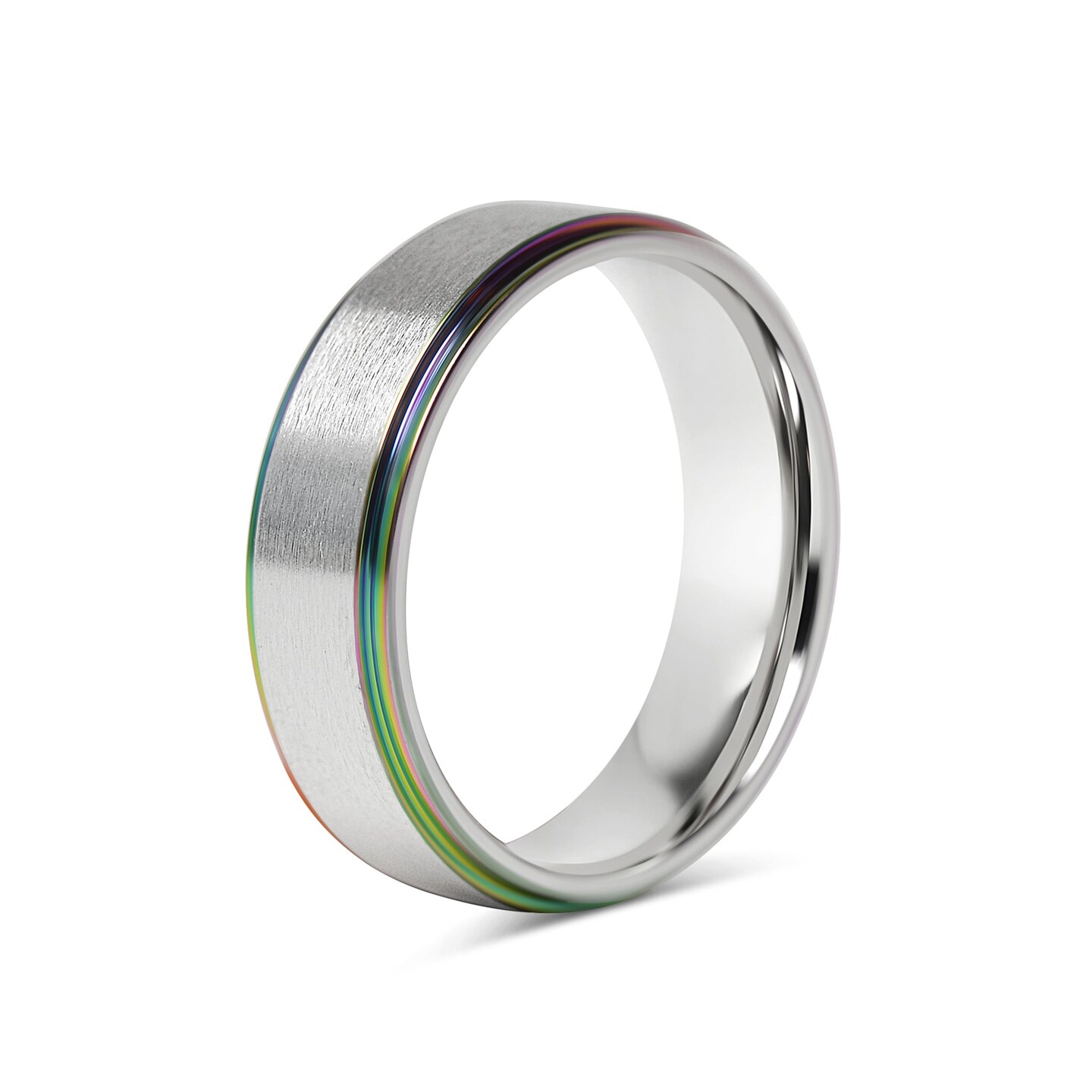 Rainbow Edge Brushed Center Stainless Steel Ring | Comfort Fit Rings | Engravable Rings | Wholesale Bulk Rings