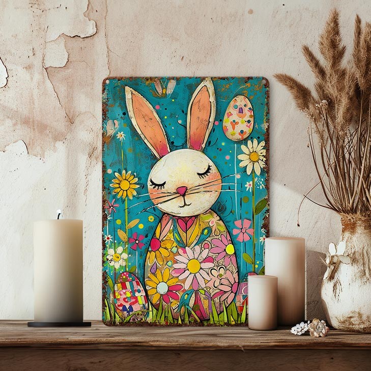 Whimsical Easter Decor - Folk Art Bunny Decoration Metal Art Sign