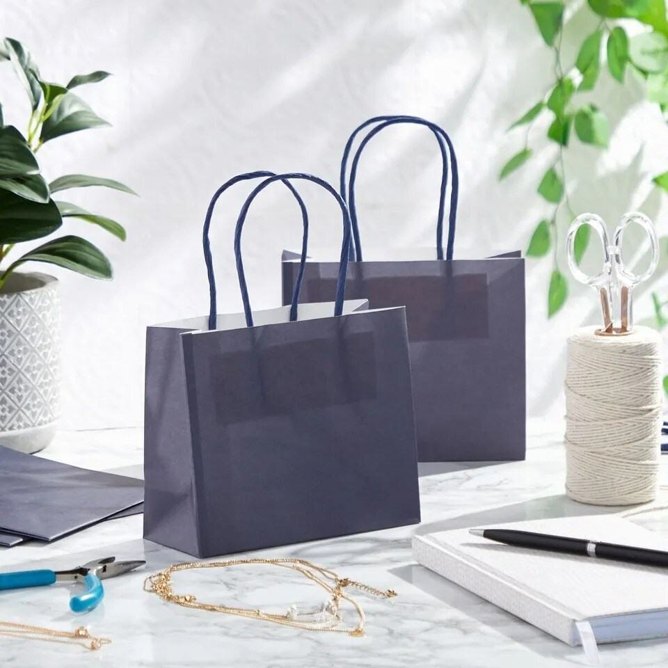50 Pack Navy Blue Gift Bags with Handles for Presents