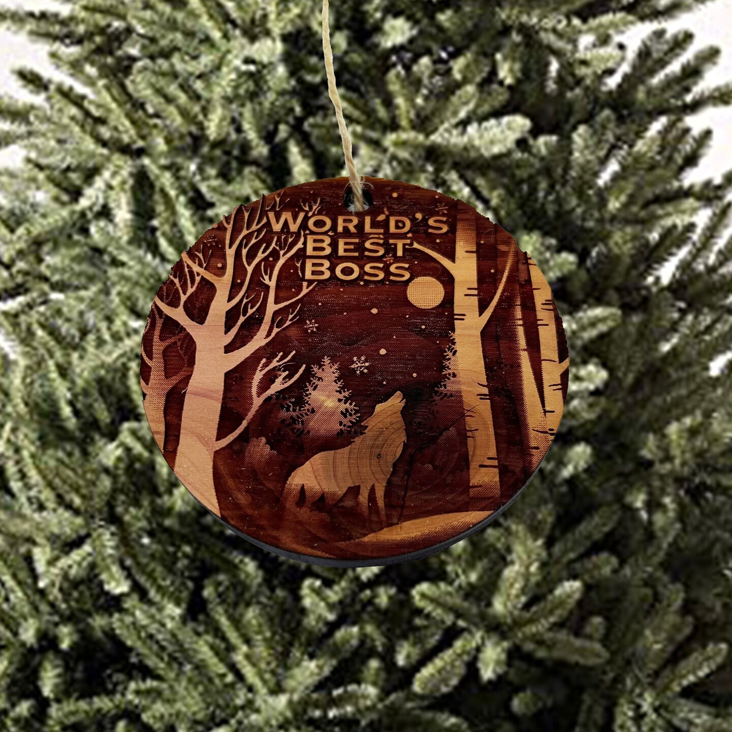 Winter Wolf Worlds Best Boss - cedar ornament Winter Wolf Worlds Best Boss - cedar ornament