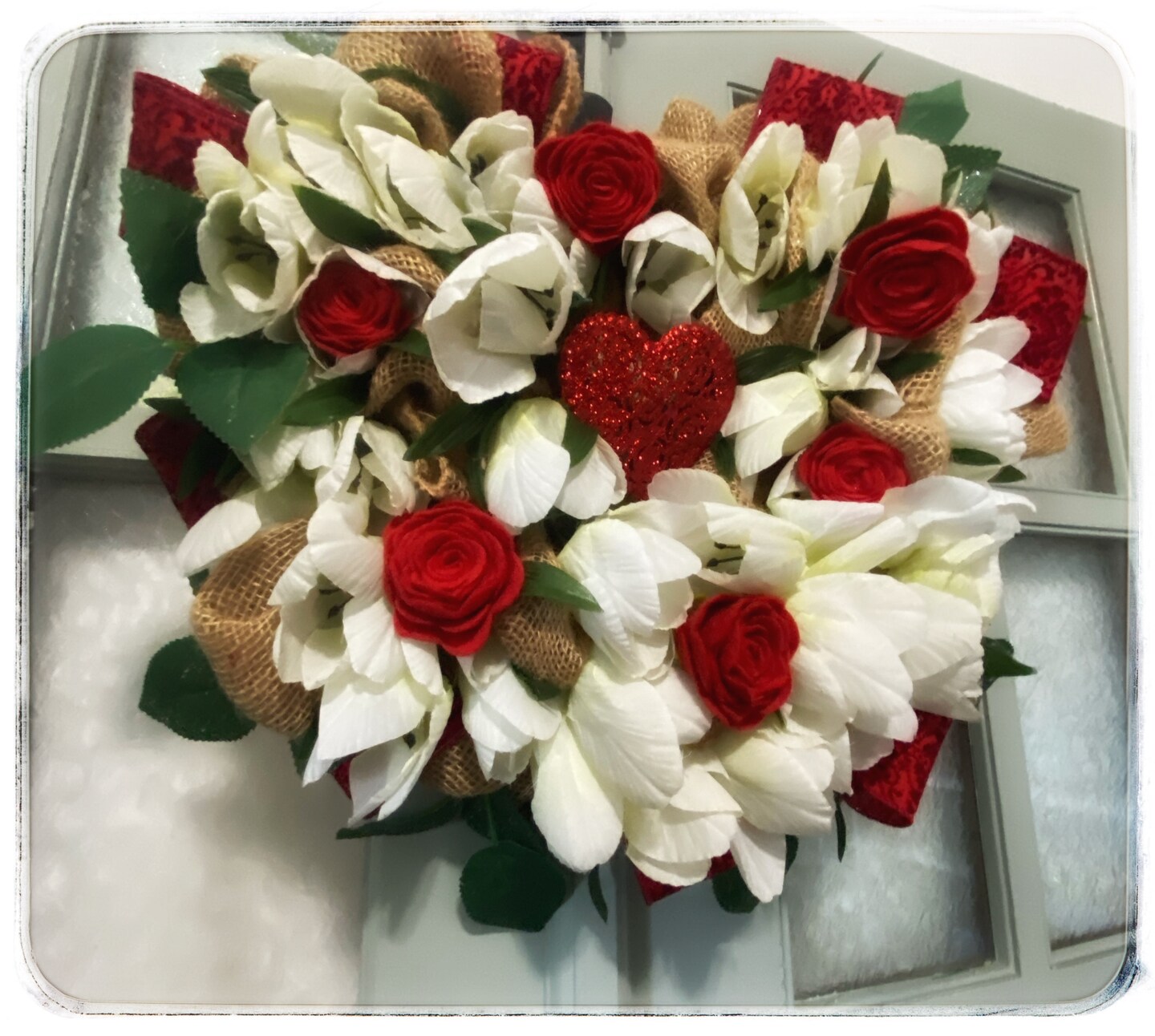 Beautiful Indoor or Outdoor 20 Inch Burlap Valentines Day Heart Wreath with White Tulips and Red Roses Free Shipping and Storage Bag product 3