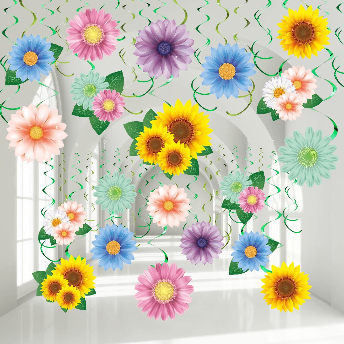 30 Pieces Flowers Butterfly Hanging Swirl Decorations, Spring Summer Sunflower Baby Shower Decor for Women Kids Birthday Easter Party Baby Shower Mother's Day Wedding Supplies (Flower)