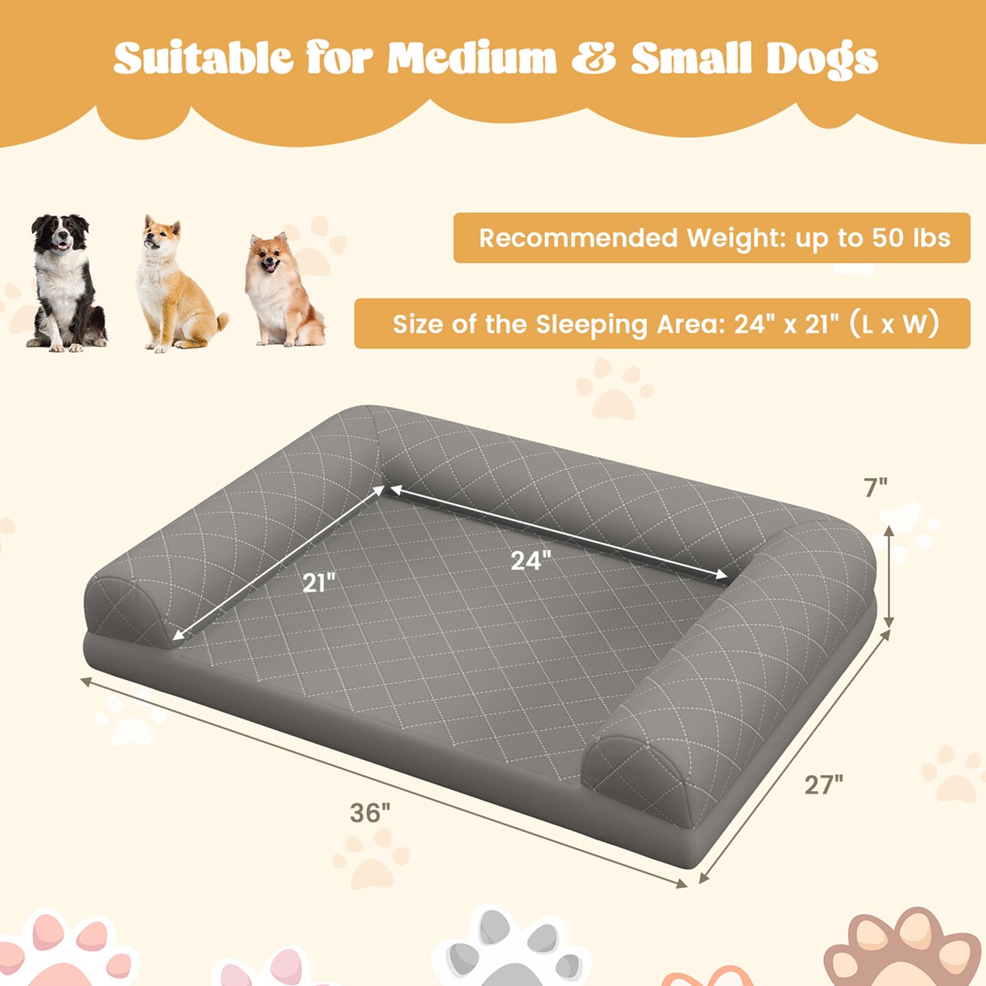 Costway Orthopedic Dog Bed Medium Small Dogs with 3-Side Bolster Non-Slip Bottom Zippers Beige/Grey