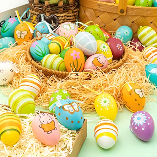 Easter Tree Ornaments, 24pcs Multicolored Hanging Plastic Easter Eggs Easter Tree Decorations Hanging Easter Eggs, Hand Painted Eggs Easter Ornaments for Tree Basket DIY Crafts Easter Party Favors