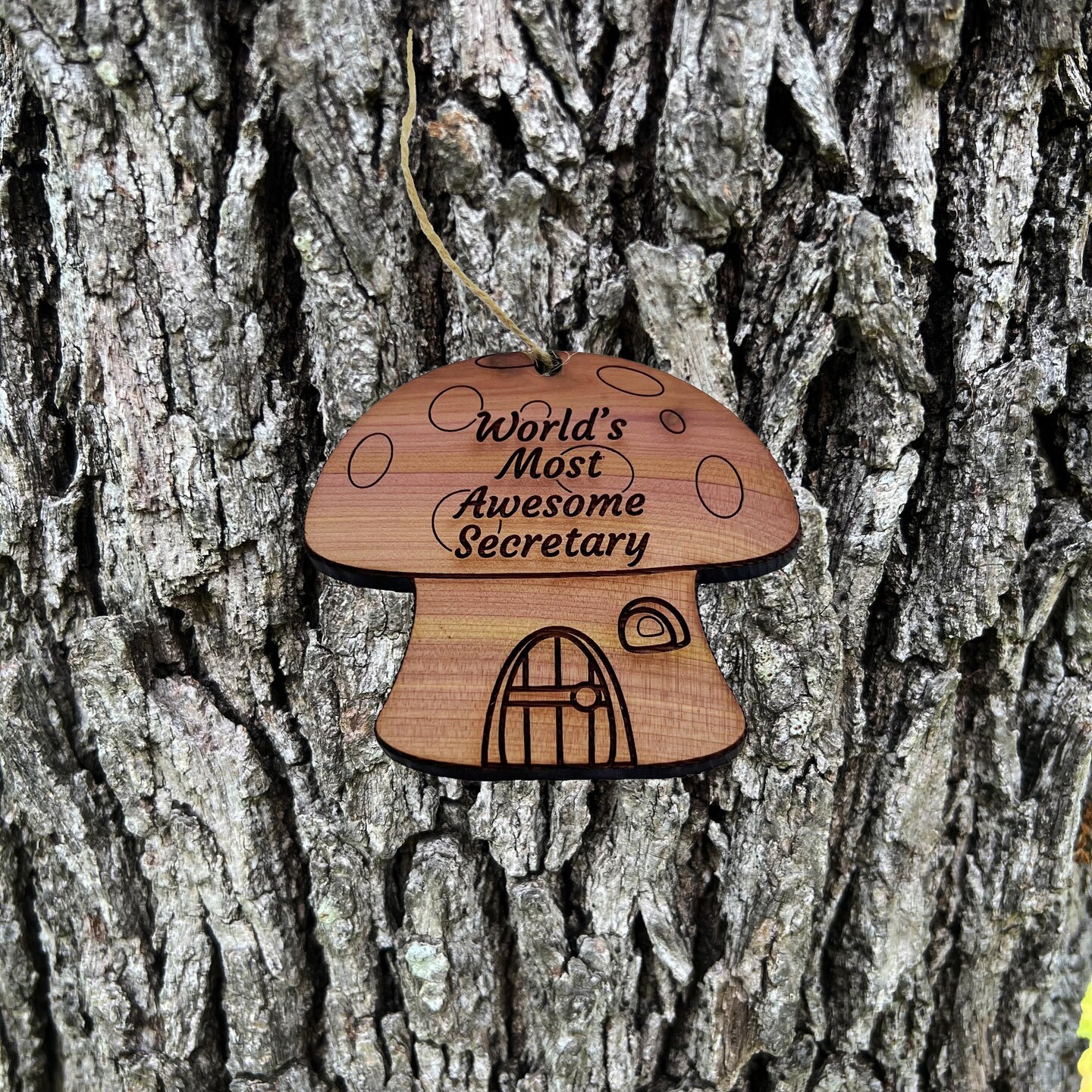 Mushroom House Worlds Most Awesome Secretary - Cedar Ornament Mushroom House Worlds Most Awesome Secretary - Cedar Ornament