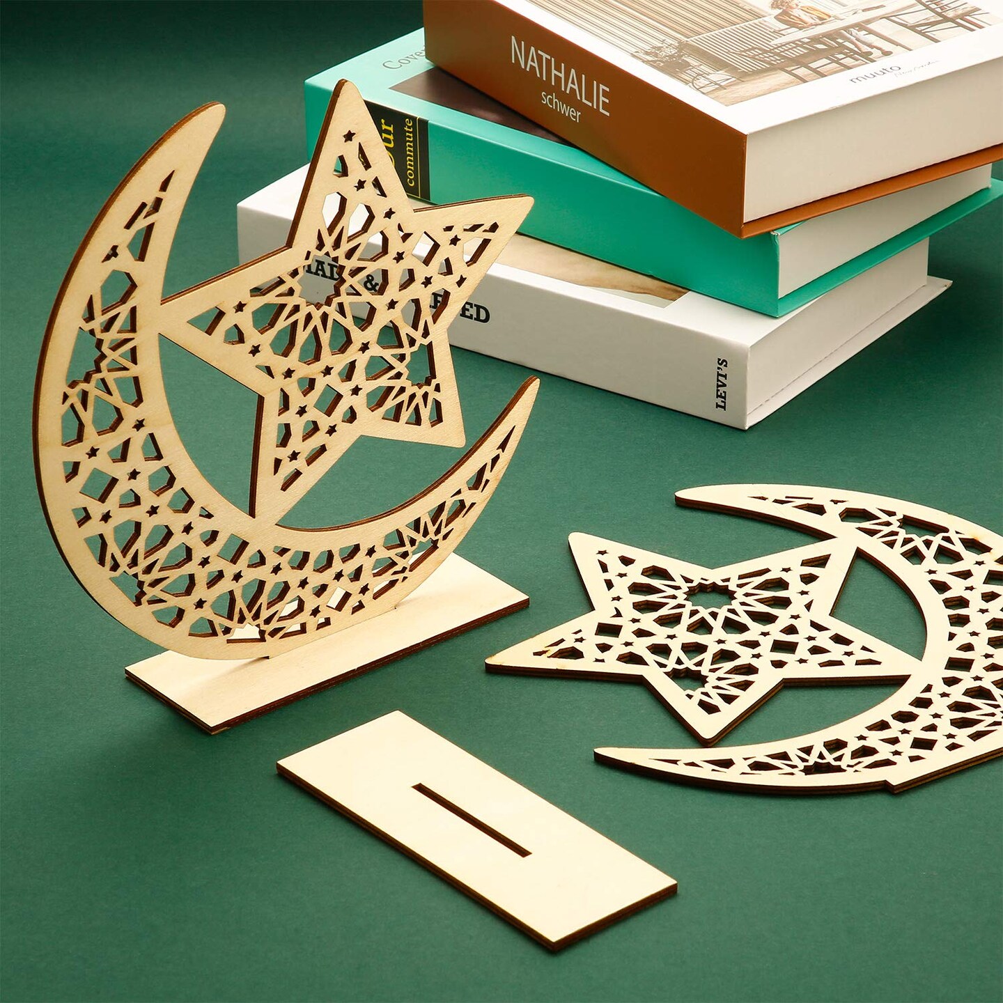 2 Set  Eid Mubarak Wooden Ornament Ramadan Hanging Plaque Moon Star Pendant for Decorations (Classic Style)