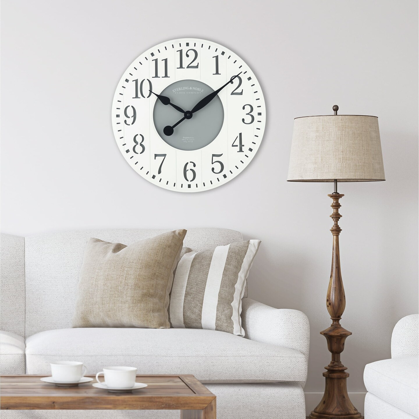 Mainstays 23.5&#x22; White and Gray Arabic Wainscot Farmhouse Analog Wall Clock