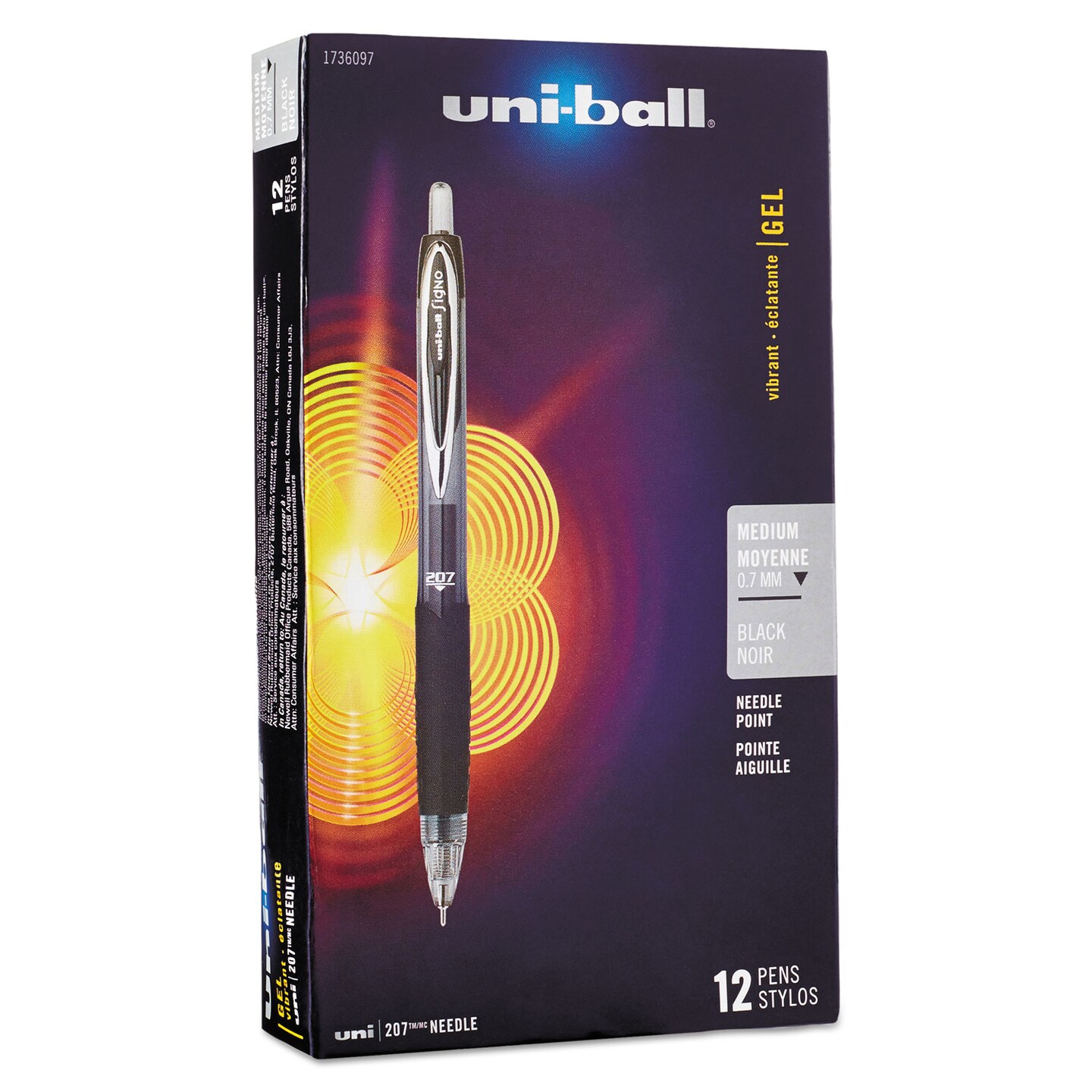 Uni-Ball Signo 207 Needle Point Retractable Gel Pen, 0.7mm, Black Ink/Barrel, Dozen