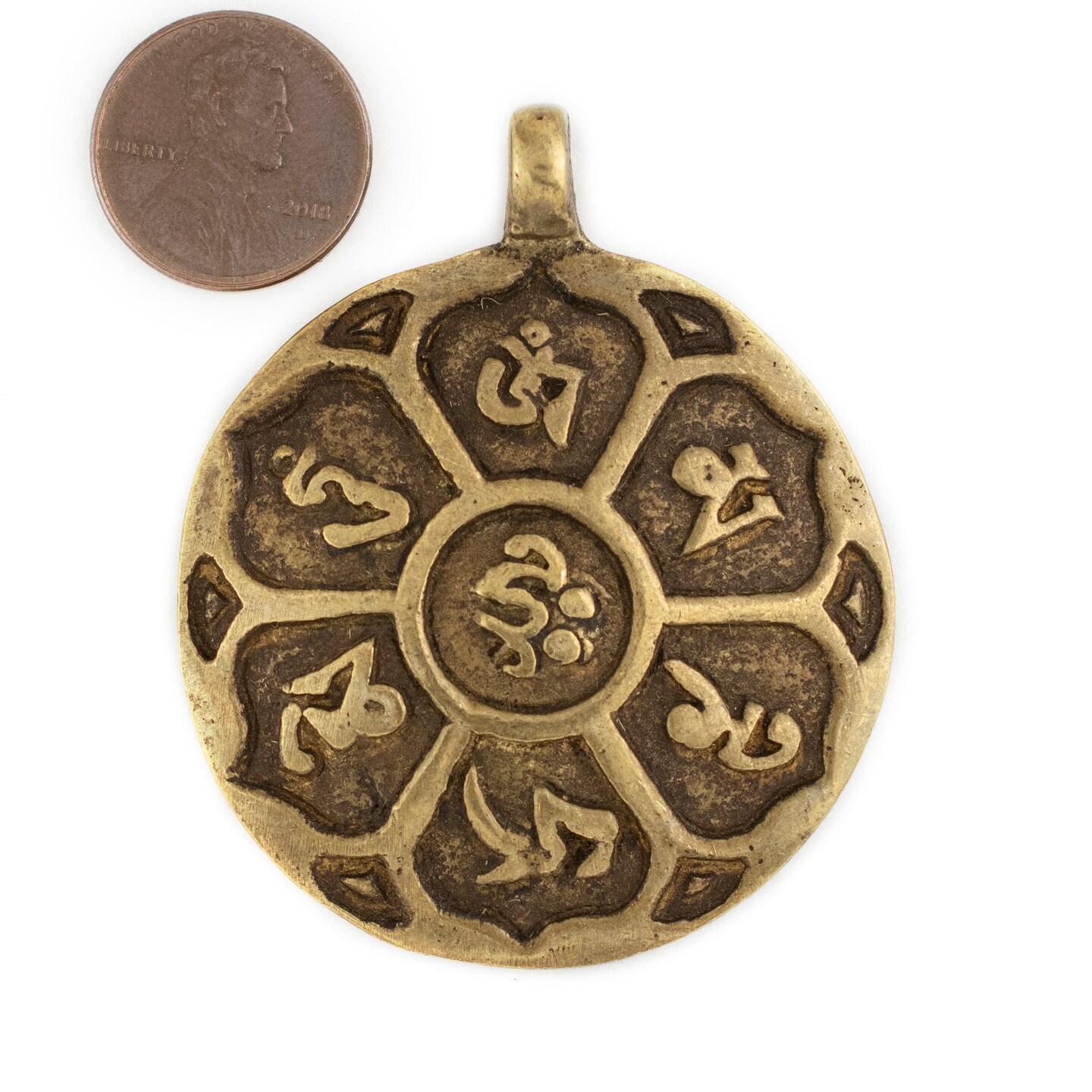 TheBeadChest Antiqued Brass Circular Om Mani Padme Hum Pendant 60x50mm Large Hole