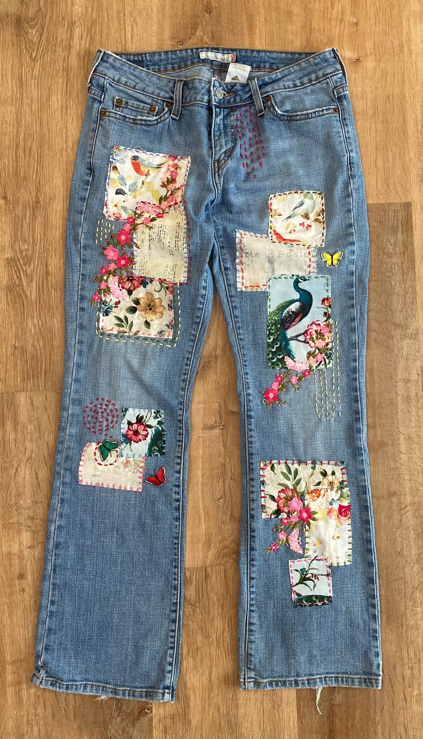 【mnem】Embroidered Patch Wide Denim Embroidered | Patched Denim | Hippie | Boho | Unique Jeans