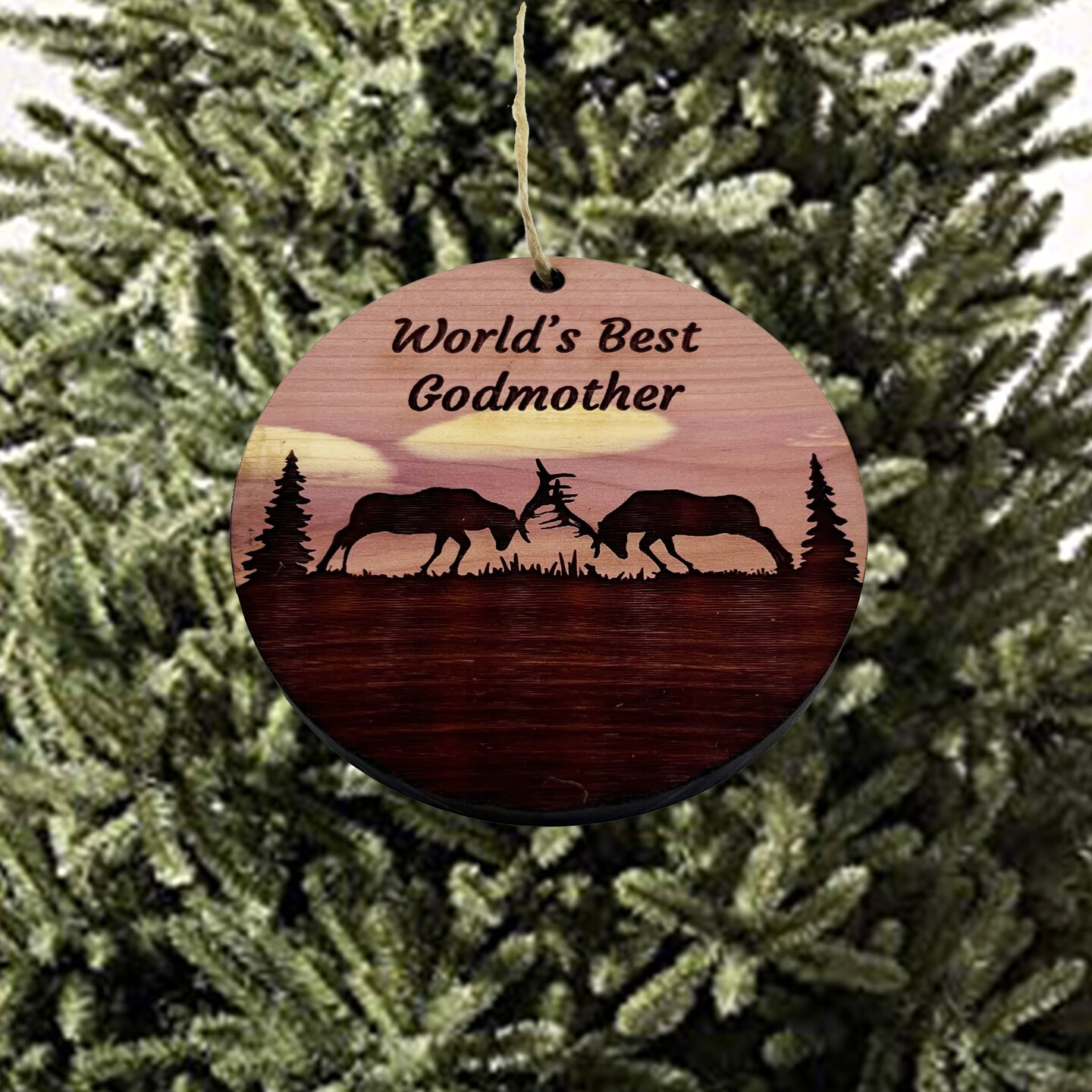 Worlds Best Godmother Elk Battle - Cedar Ornament Worlds Best Godmother Elk Battle - Cedar Ornament