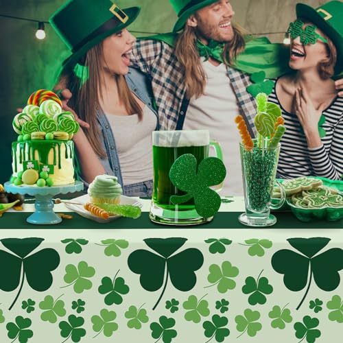 3 Pack Disposable Plastic 54" x 108" St Patricks Day Decorations, Shamrock Patterned Spring St Patricks Party Table Cloth for Dining Room Kitchen Decor
