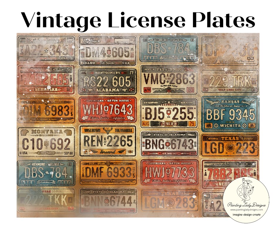 Vintage License Plates  Decoupage - Mixed Media Art Papers 18x24