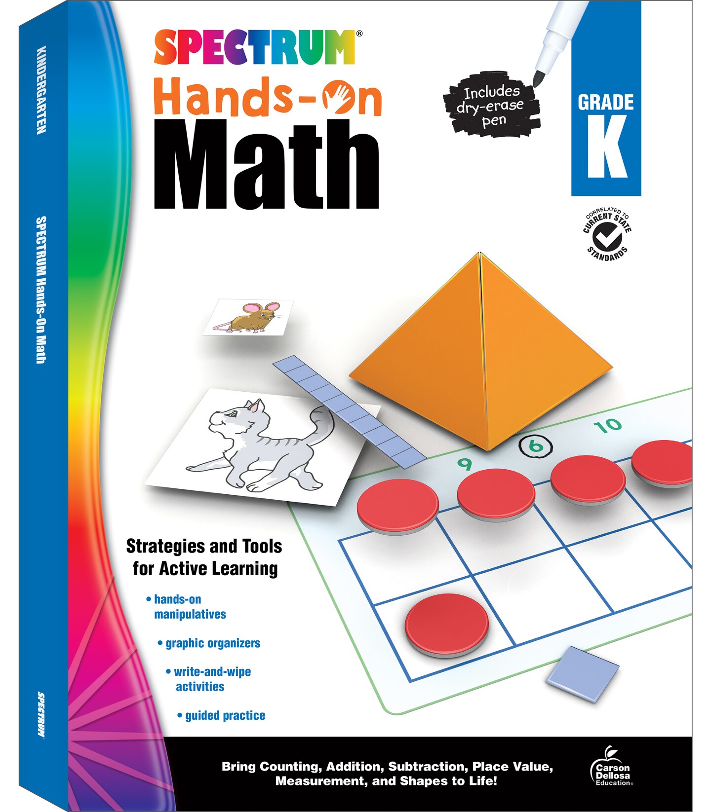 Spectrum Kindergarten Hands-On Math Workbook, Ages 5 to 6, Hands-On Math for Kindergarten, Dry Erase Counting, Addition, Subtraction, and Place Value Math Activities With Dry Erase Pen - 96 Pages