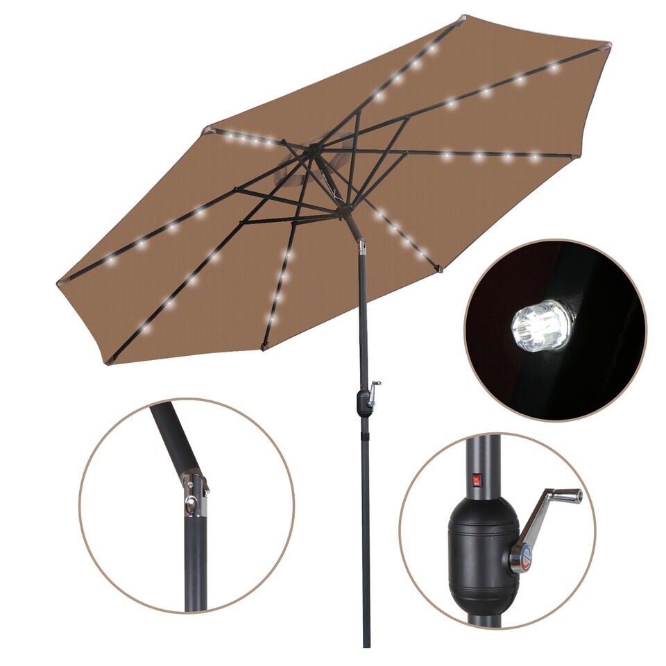 10FT Patio Solar Umbrella LED Patio Market Steel Tilt W/ Crank Outdoor Sun Shade-Tan