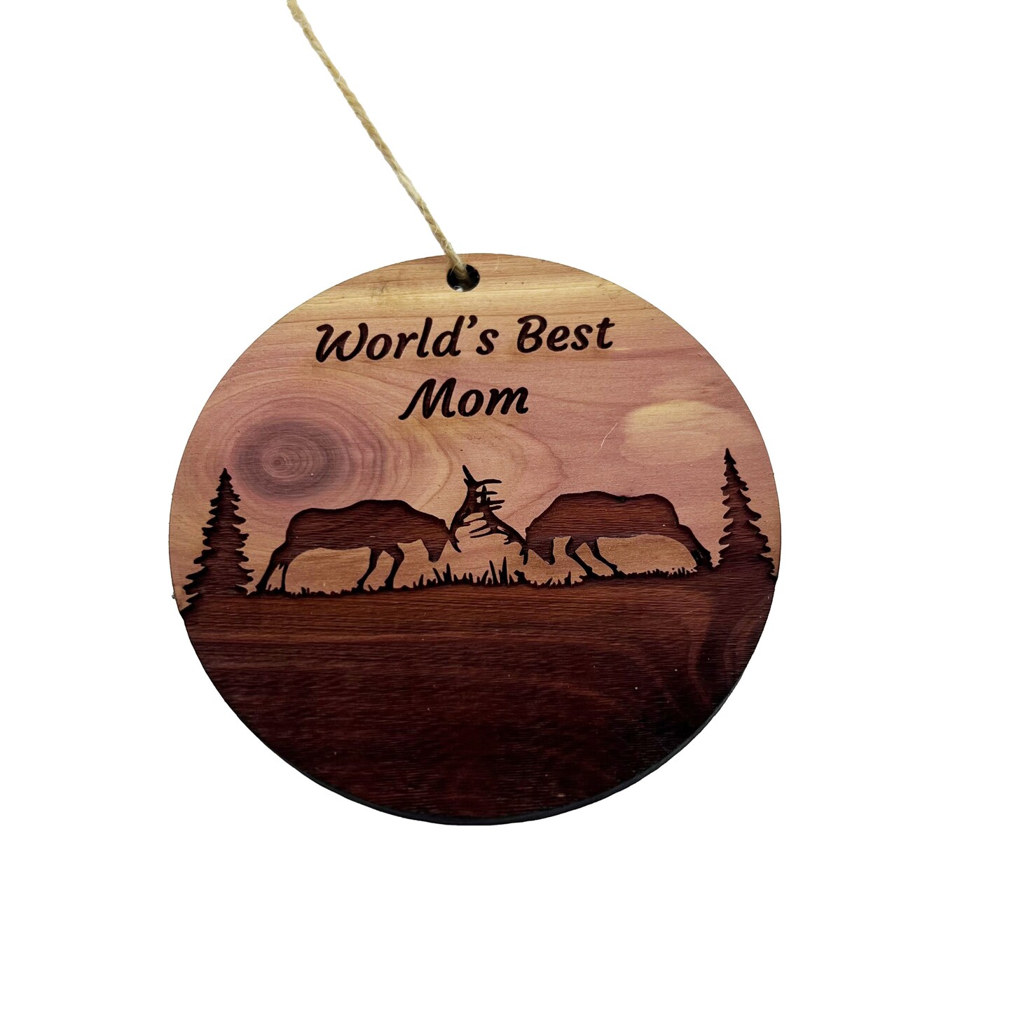 Worlds Best Mom Elk Battle - Cedar Ornament Worlds Best Mom Elk Battle - Cedar Ornament