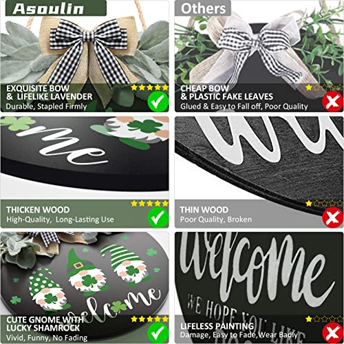 St Patrick's Day Welcome Sign Wreath For Front Door Decor Shamrock Hanging Door Sign Gnomes Pattern With Greenery & Bow Wooden Round St Patricks Day Decoration For The Home Farmhouse Decor 12x12 Inch