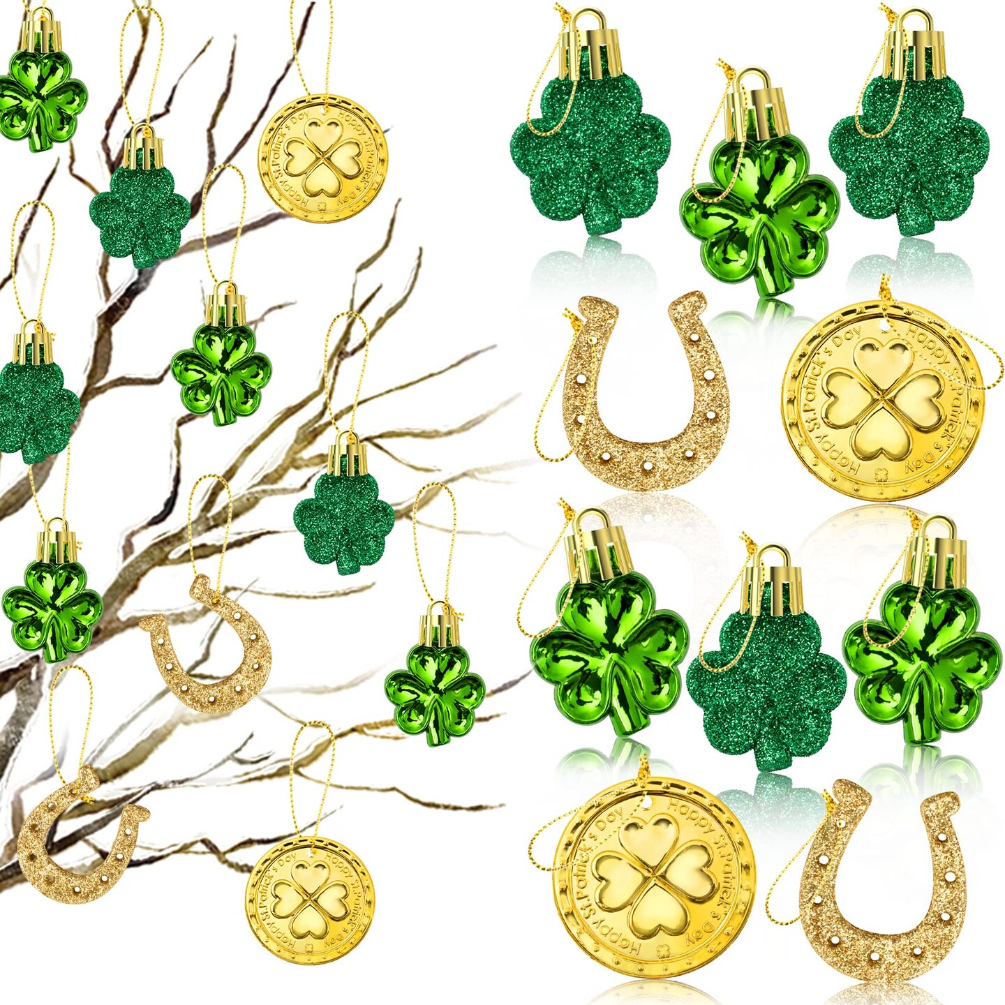 48 Pieces Shamrock Clover Gold Coins Horseshoe Tree Ornaments for Spring Lucky Irish Day St Patrick's Day Home Table Tree Party Hanging Decorations