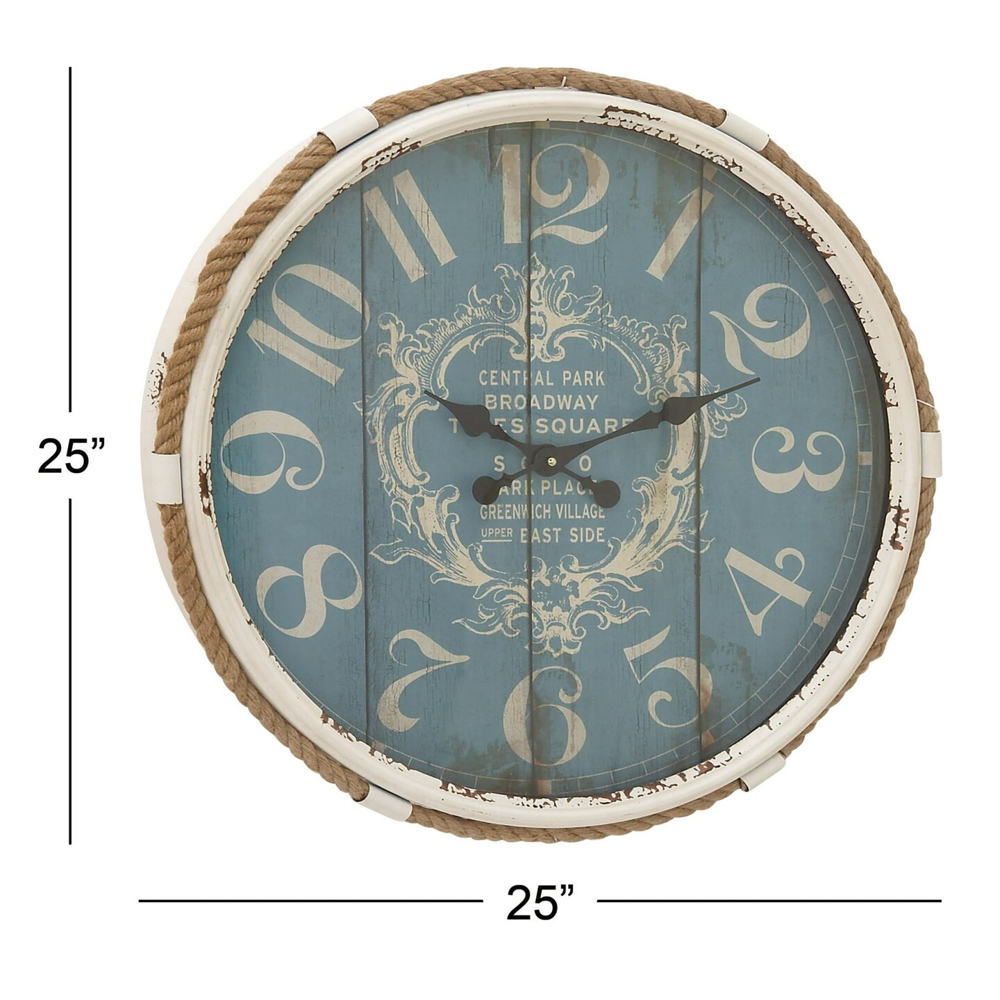 Coastal Turquoise/White Metal Round Wall Clock with Spade-Shaped Hands, 25&#x22; Diameter