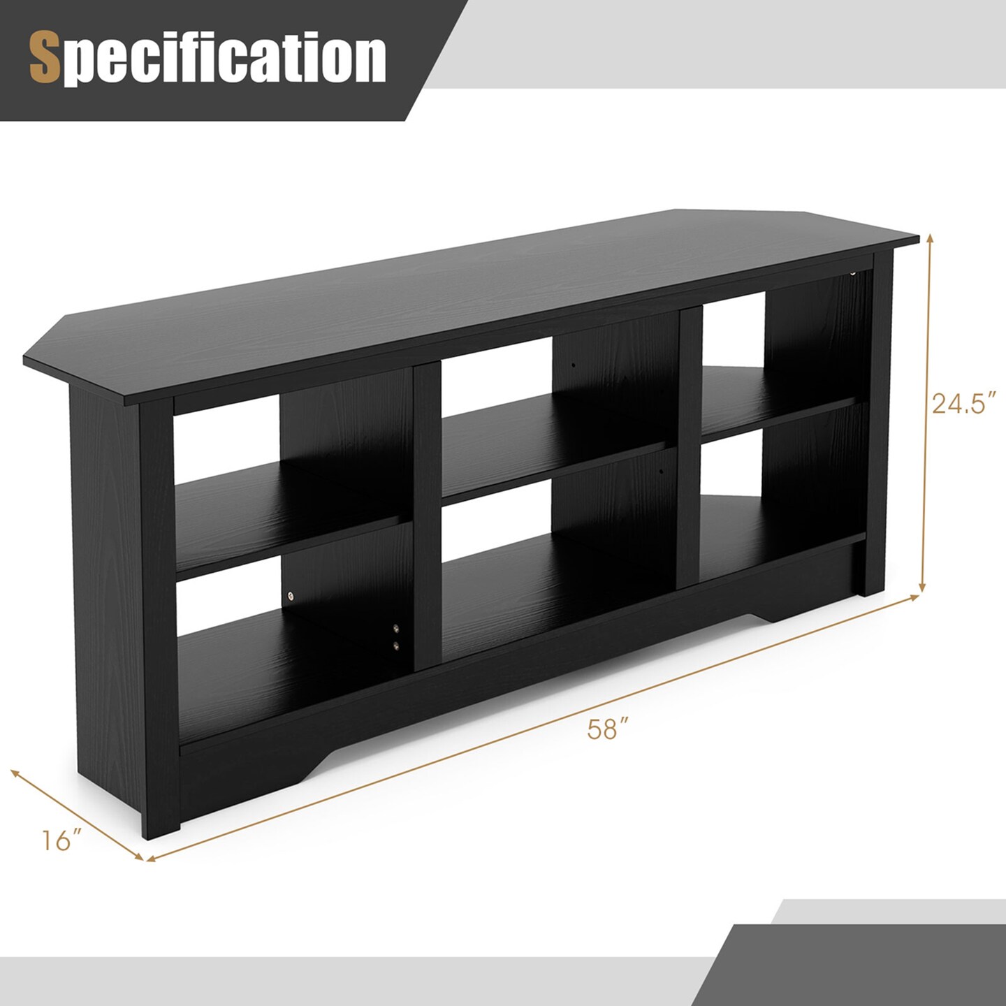 Costway 58&#x22; TV Stand with 6 Open Storage Shelves Shelf for 18 inch Fireplace(not included) Black/Grey